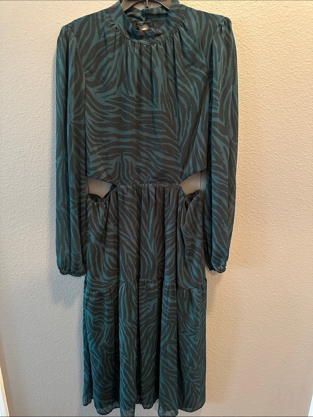 Teal Zebra-Print Long Sleeve Cutout Midi Dress